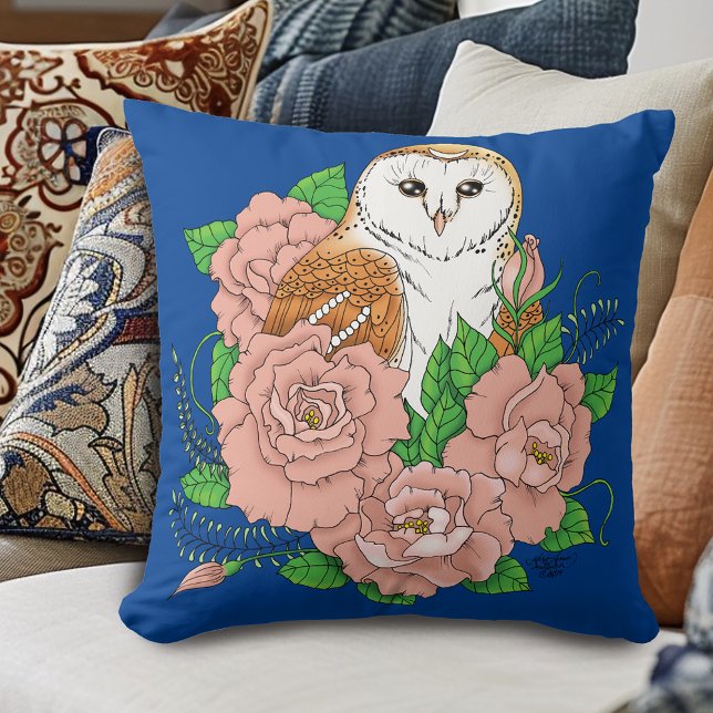 Barn Owl Pink Flowers Blue Cushion (Creator Uploaded)