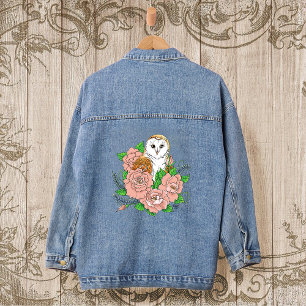 Barn Owl Pink Flowers Blue Denim Jacket