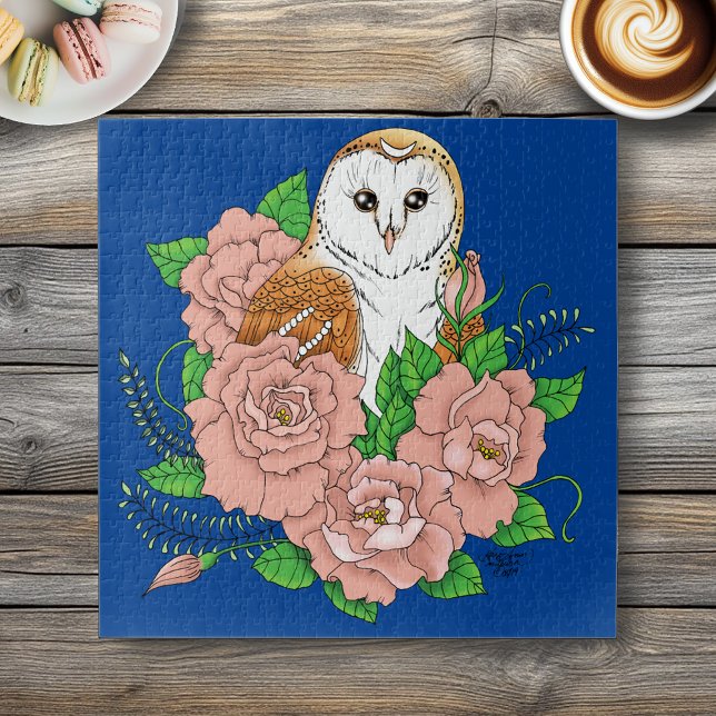 Barn Owl Pink Flowers Blue Jigsaw Puzzle (Creator Uploaded)