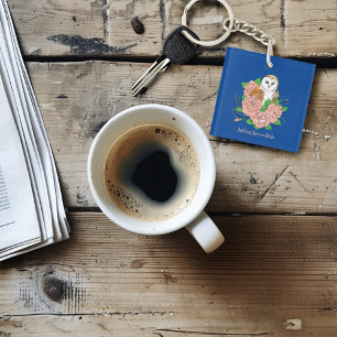 Barn Owl Pink Flowers Blue Key Ring
