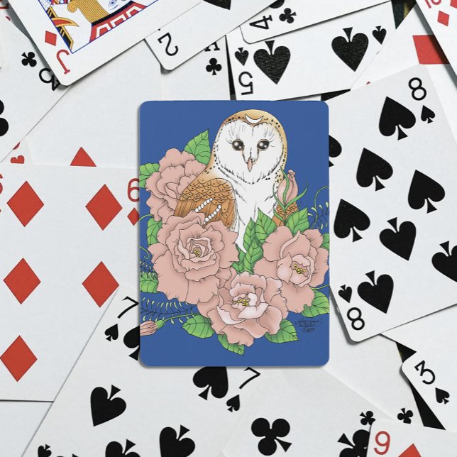 Barn Owl Pink Flowers Blue Playing Cards (Creator Uploaded)