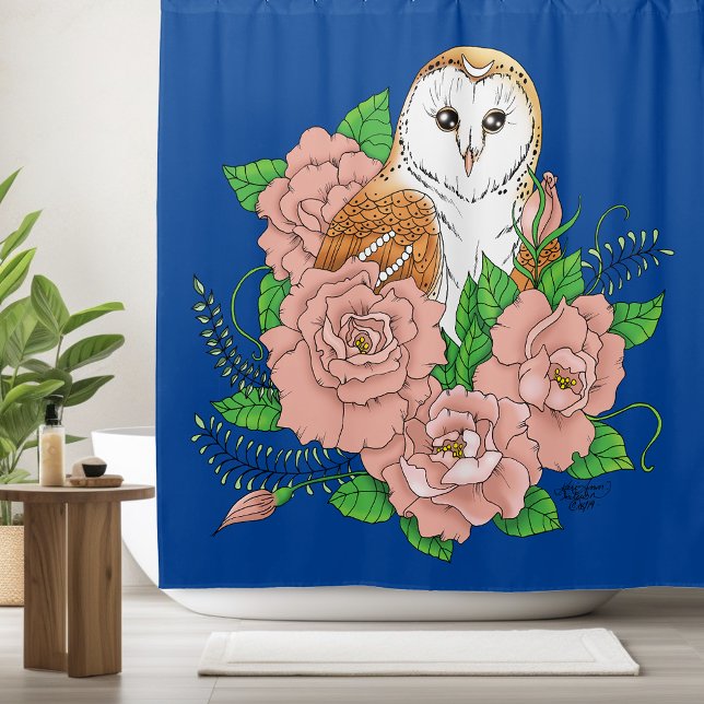 Barn Owl Pink Flowers Blue Shower Curtain (Creator Uploaded)