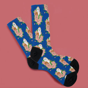 Barn Owl Pink Flowers Blue Socks