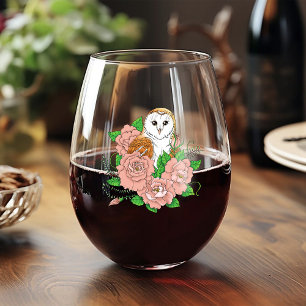 Barn Owl Pink Flowers Blue Stemless Wine Glass