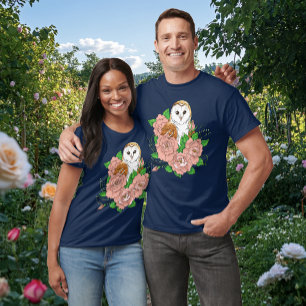 Barn Owl Pink Flowers Blue T-Shirt