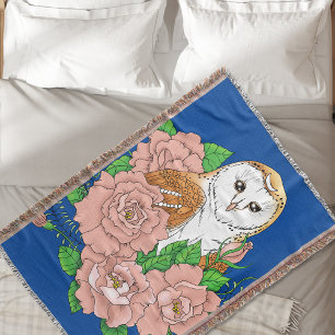 Barn Owl Pink Flowers Blue Throw Blanket