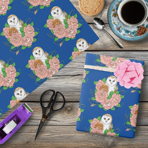 Barn Owl Pink Flowers Blue Wrapping Paper