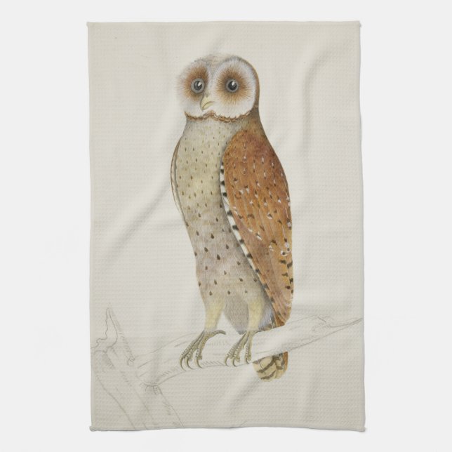 Barn owl rustic vintage nature illustration tea towel (Vertical)