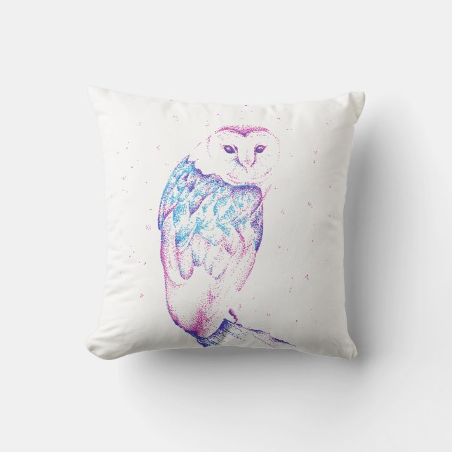 Barn owl throw cushion in pink and teal (Front)