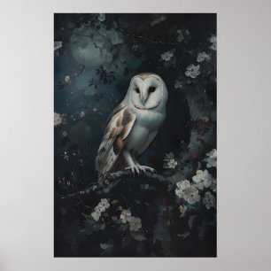 Barn Owl Under Moon Blossoms Dark Cottagecore Poster