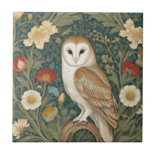 Barn Owl William Morris style Left facing Flowers Ceramic Tile