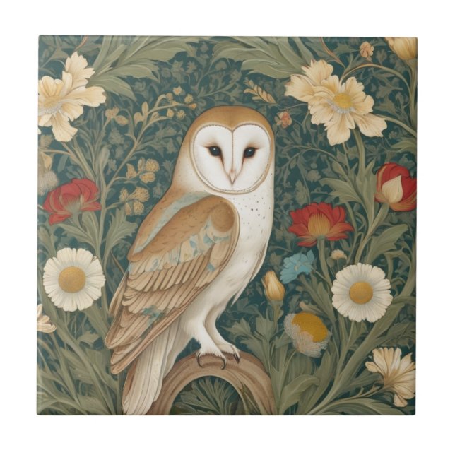 Barn Owl William Morris style Right facing Flowers Ceramic Tile (Front)