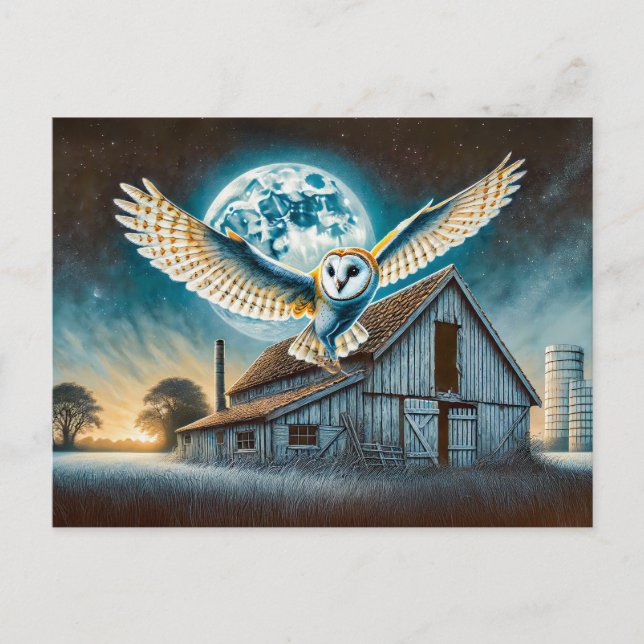Barn Owl with Mouse by Old Barn Holiday Postcard (Front)