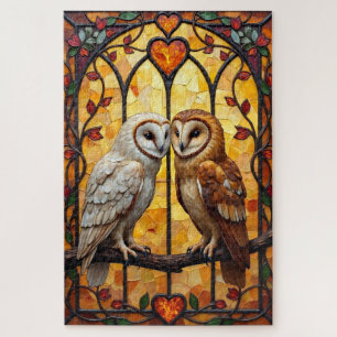 Barn Owls Heart-Faced Stained Glass Embrace Jigsaw Puzzle