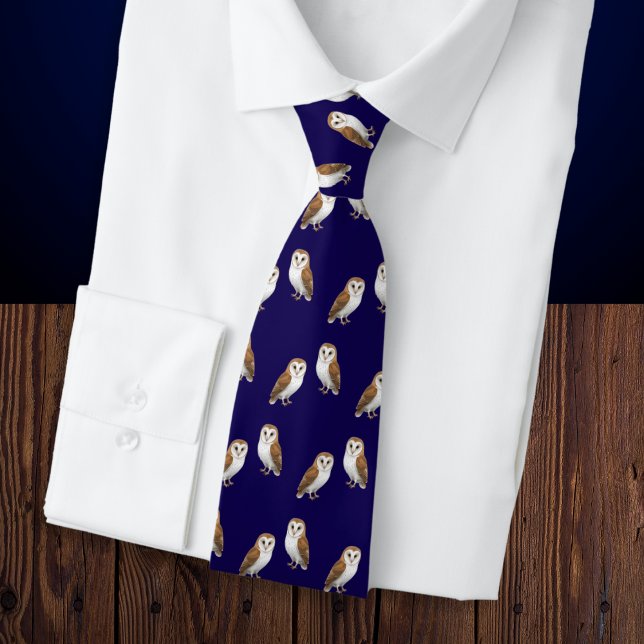 Barn Owls Navy Blue Patterned Wildlife Themed Tie (A stylish tie with pattern of barn owls on a dark midnight blue background)