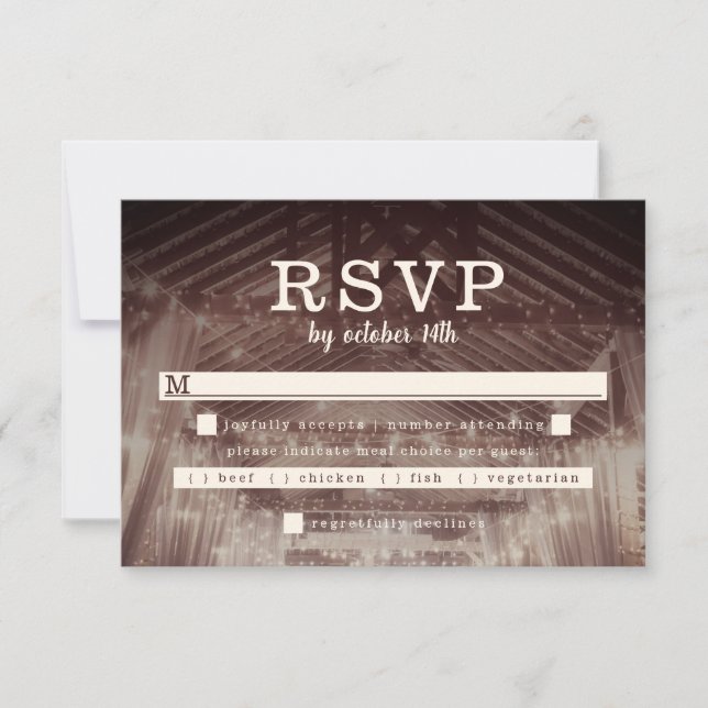 Barn Rafters with String Lights Rustic Wedding RSVP Card (Front)