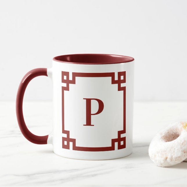 Barn Red Greek Key Border Monogram Mug (With Donut)
