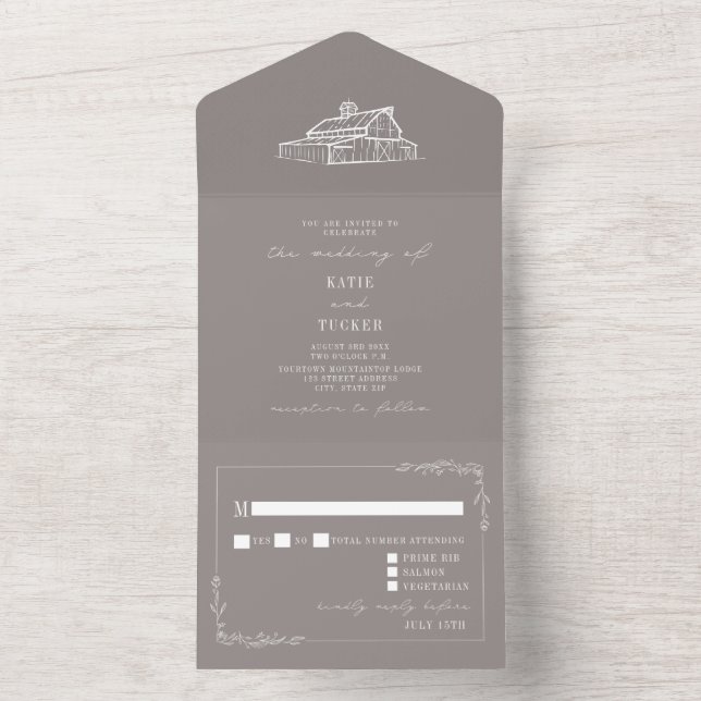 Barn Rustic Amethyst Grey Farm Wedding RSVP All In One Invitation (Inside)