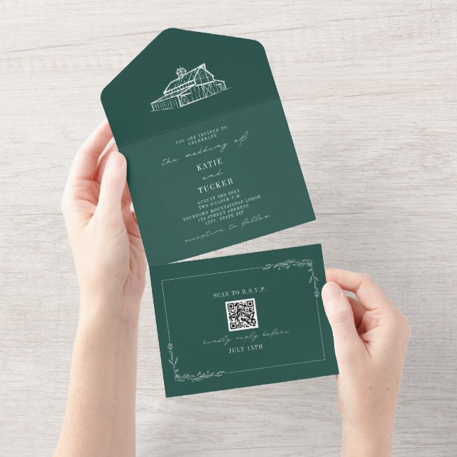 Barn Rustic Farm Wedding Emerald QR All In One Invitation (Tearaway)