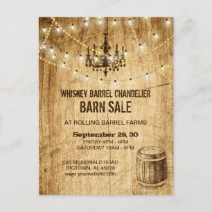Barn Sale post card w chandelier, whiskey barrel
