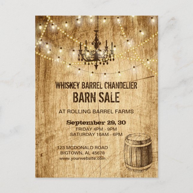 Barn Sale post card w chandelier, whiskey barrel (Front)