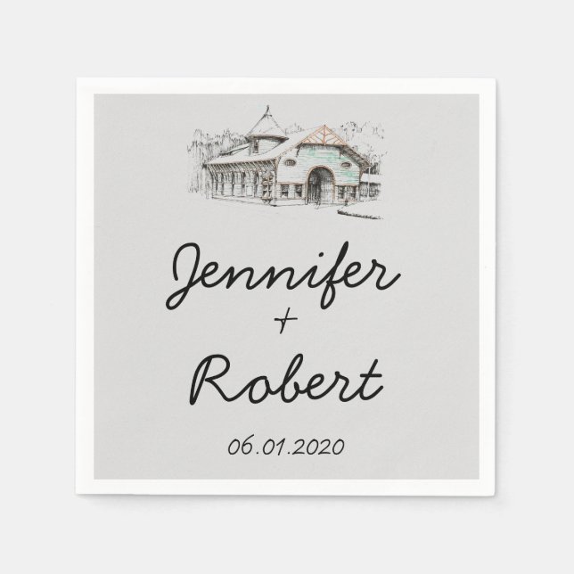 Barn Sketch Wedding Napkin (Front)