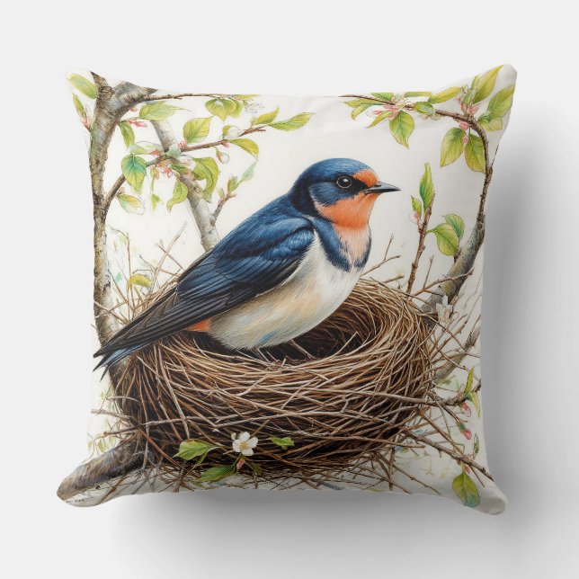 Barn Swallow Nesting on a Blossom-Covered Branch Cushion (Front)