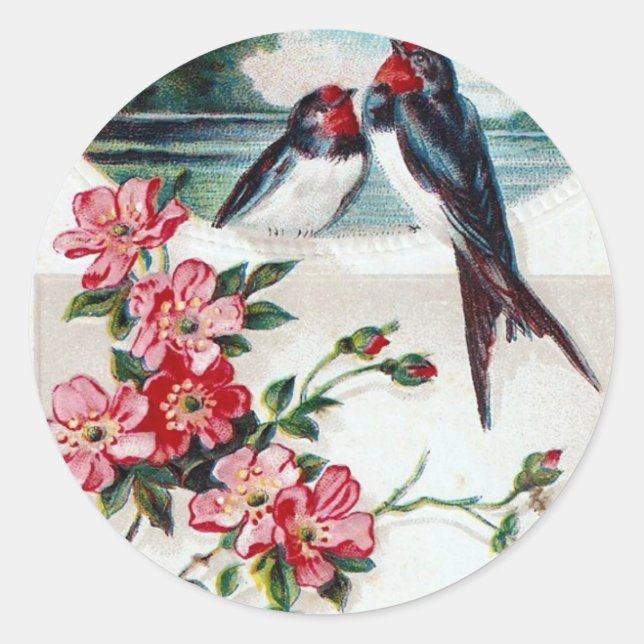 Barn Swallows and Pink Flowers Classic Round Sticker (Front)