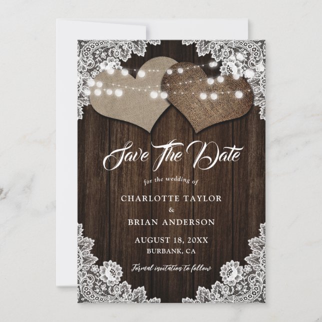 Barn Wedding Rustic Wood String Lights Floral Lace Save The Date (Front)