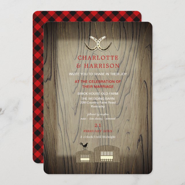 Barn Wedding Wood Red Buffalo Plaid Country Rustic Invitation (Front/Back)