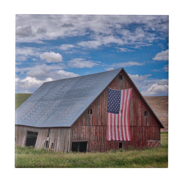 Barn with American Flag | Colfax, Washington Ceramic Tile (Front)