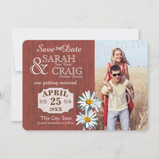 Barn Wood and Daisies Photo Save the Date Invitation (Front)