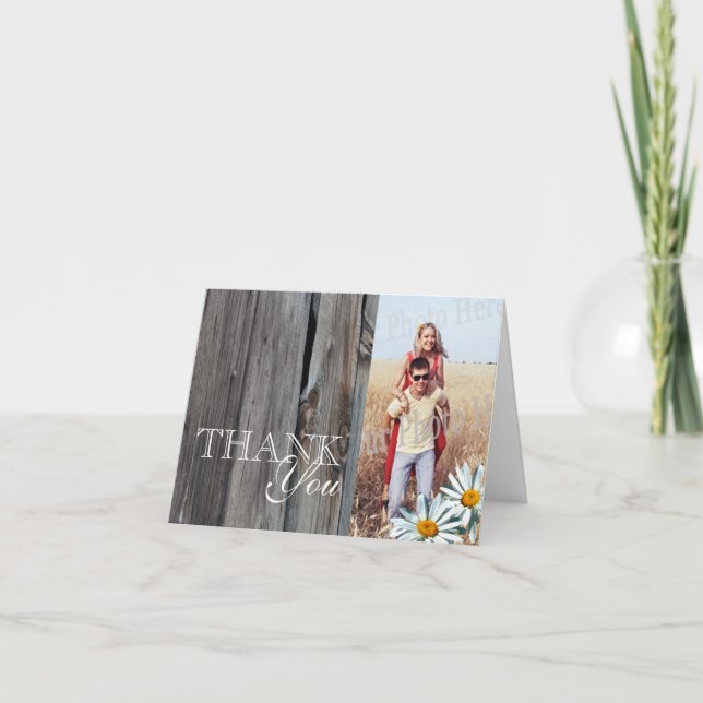 Barn Wood and Daisies Photo Thank You Card (Front)