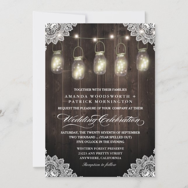 Barn Wood and Lace Mason Jar Wedding Invitations (Front)