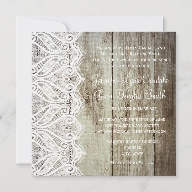 Barn Wood and Lace Square Wedding Invitations (Front)