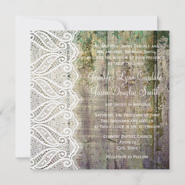 Barn Wood and Lace Square Wedding Invitations (Front)