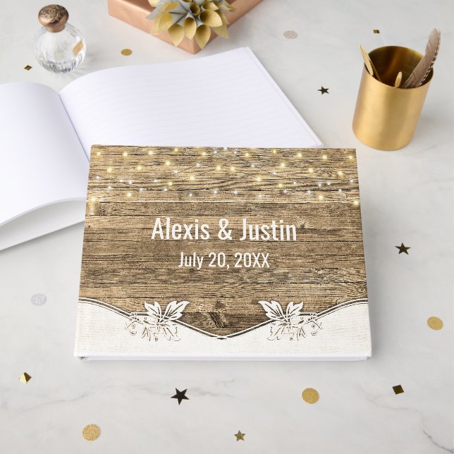 Barn Wood and Light String for Wedding Guest Book (Front Open)
