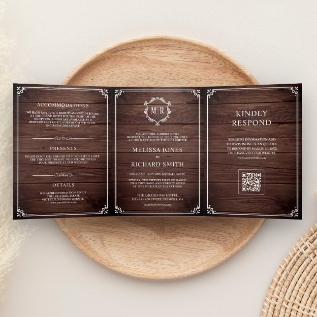 Barn Wood and White Monogram QR Code Wedding Tri-Fold Invitation (Creator Uploaded)