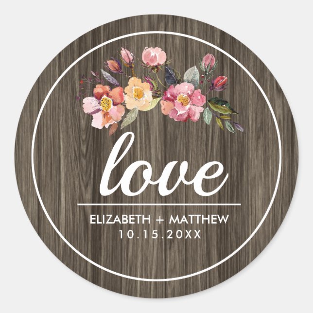 Barn Wood | Autumn Flowers Wedding Classic Round Sticker (Front)