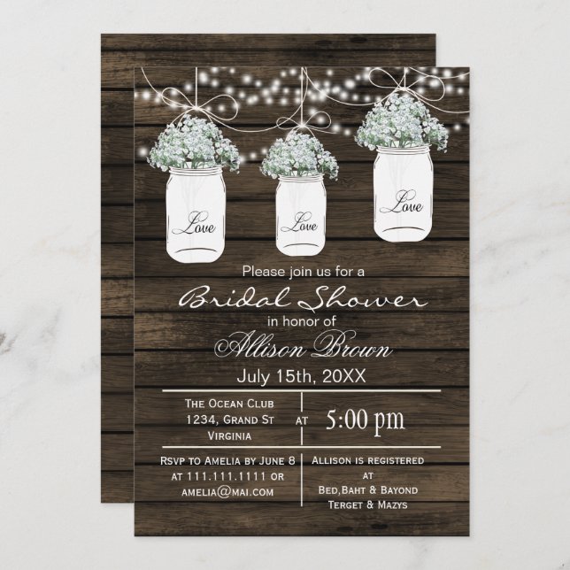 Barn wood babys Breath mason jarsbridal shower Invitation (Front/Back)