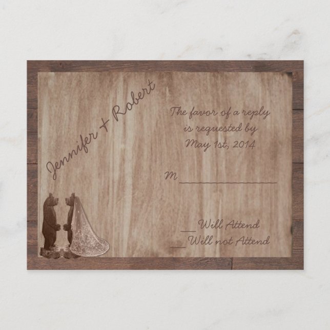 Barn Wood Bears Country Wedding RSVP Invitation Postcard (Front)