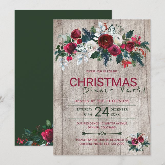 Barn Wood Burgundy Green Christmas Dinner Party Invitation (Front/Back)