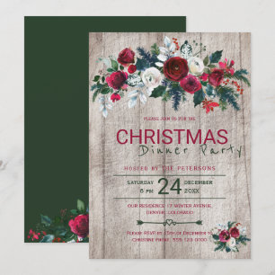 Barn Wood Burgundy Green Christmas Dinner Party Invitation