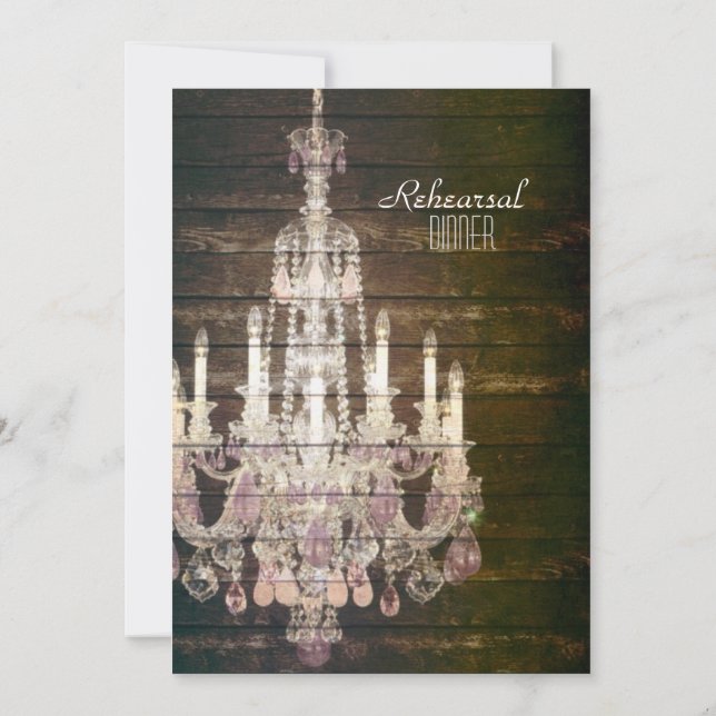Barn Wood Chandelier Wedding Rehearsal Dinner Invitation (Back)