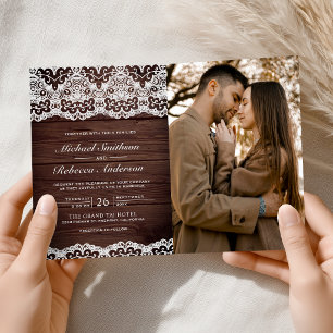 Barn Wood Country Lace QR Code Photo Wedding Invitation