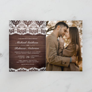 Barn Wood Country Lace QR Code Photo Wedding Invitation