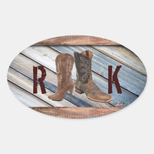 barn wood Cowboy Boots Western country Wedding Oval Sticker