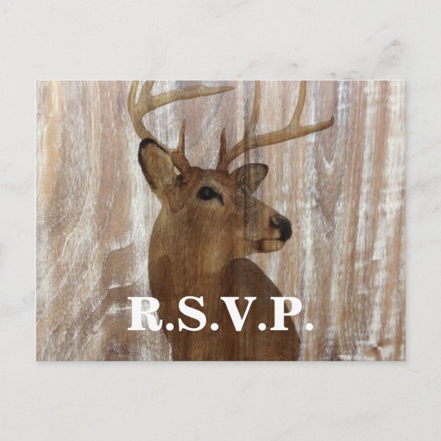 Barn wood deer hunt is over wedding RSVP Invitation Postcard (Front)