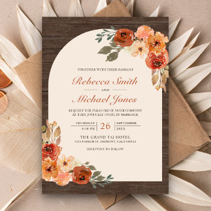 Barn Wood Earthy Burnt Orange Floral Arch Wedding Invitation