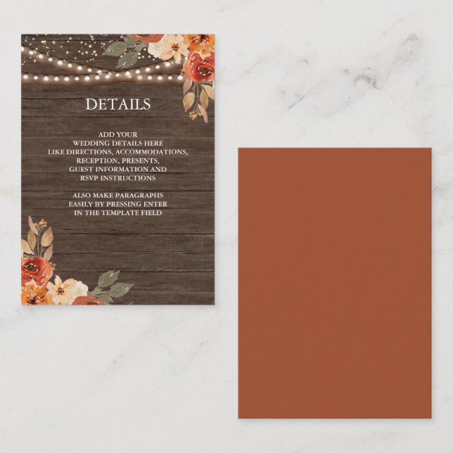 Barn Wood Earthy Floral Terracotta Wedding Details Enclosure Card (Front/Back)